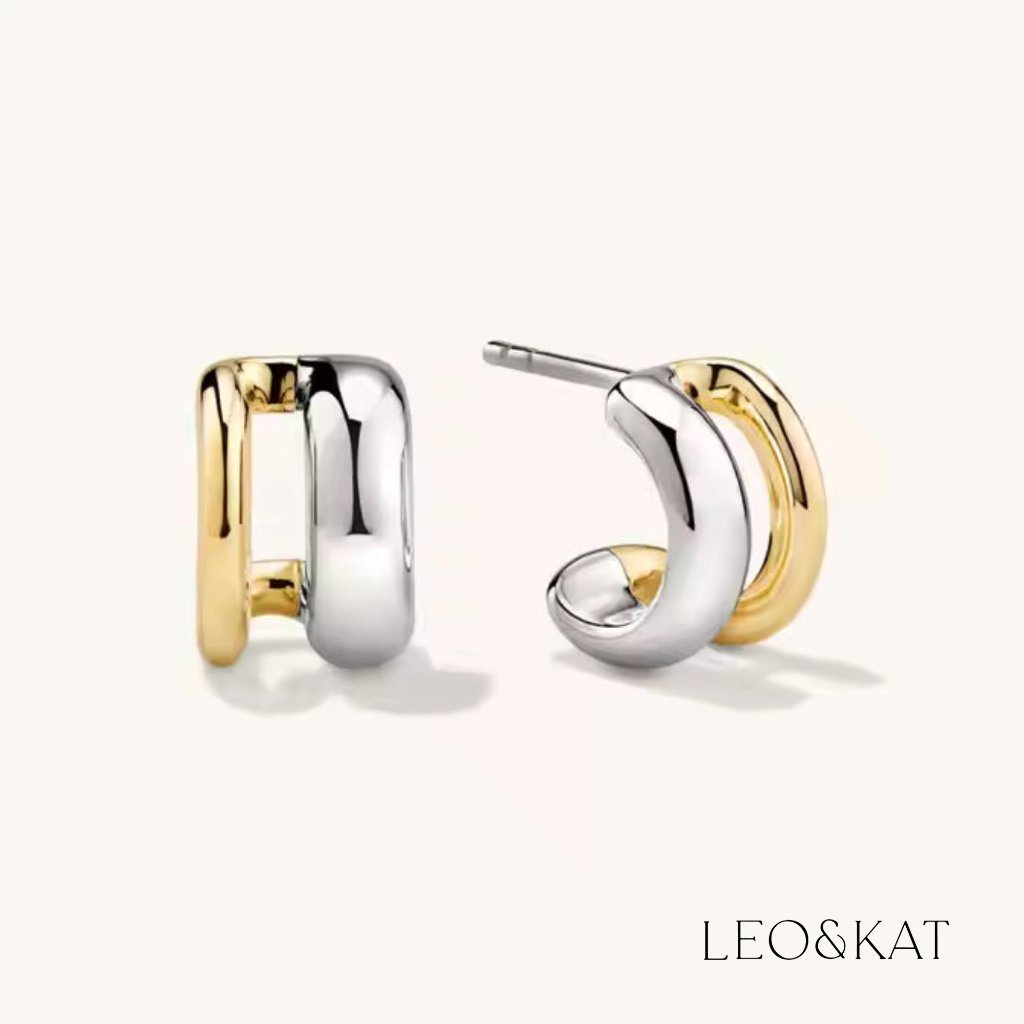 2 Tone Double Half Hoops Earrings. 925 Sterling Silver. #1131